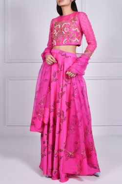 Diva Pink Embellished Blouse Skirt Dupatta Set