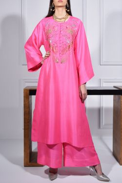 Diva Pink Oversized Embellished Raw Silk Tunic Set