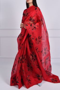 Tango Red Block Printed Organza Sari