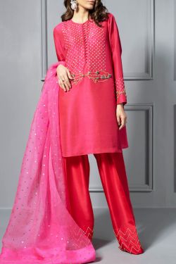 Bright Rose Embellished Raw Silk Tunic Set