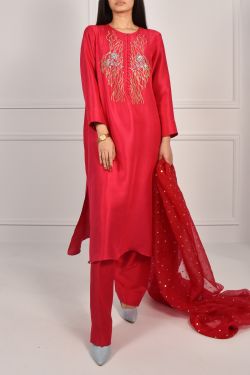 Bright Rose Embellished Raw Silk Dress Set