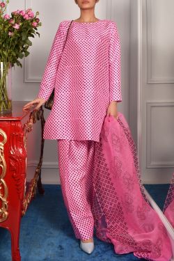 Sachet Pink Block Print Embellished Raw Silk Set
