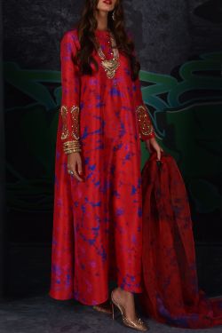 Lollipop Red Tie-Dyed Embellished Raw Silk Maxi