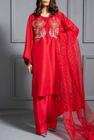 Tango Red Oversized Embellished Raw Silk Tunic Set