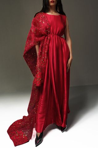 Tango Red Pleated Raw Silk Maxi with Embellished Dupatta