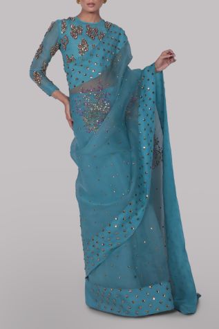 Blue Topaz Embellished Organza Sari