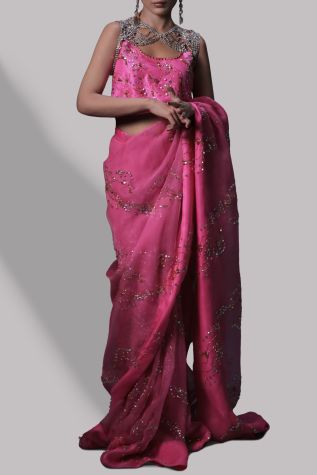Azalea Pink Embellished Organza Sari