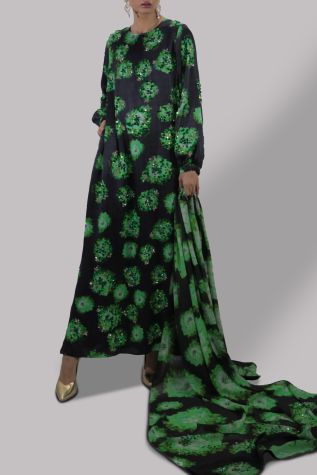Black and green Digital Print Embellished Satin Silk Set