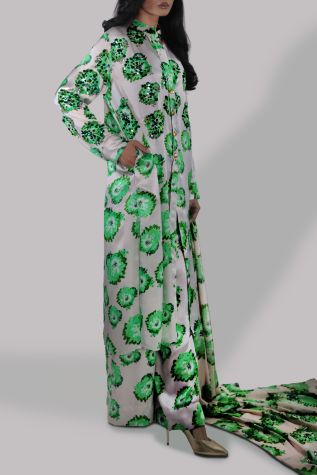 Jadeite and Green Digital Print Embellished Satin Silk Set