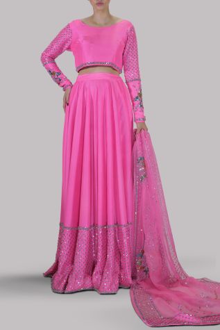 Pink Carnation Embellished Blouse Skirt Dupatta Set