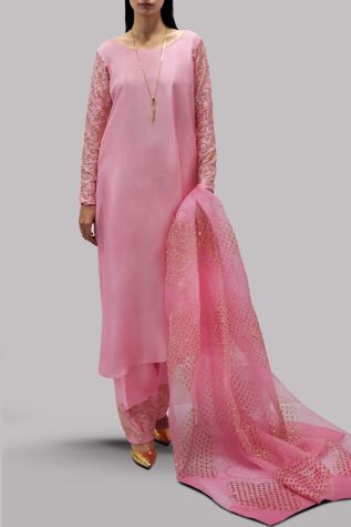 Candy Pink Embellished Raw Silk Set