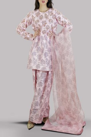 Blushing Bride Block Printed & Embellished Raw Silk Set