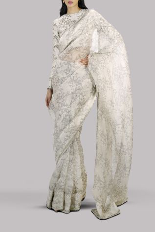 White Swan Block Printed and Embellished Organza Sari