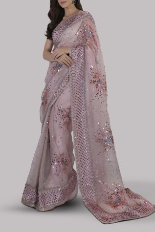 Peach Blush Embellished Organza Sari