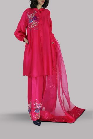 Virtual Pink Embellished Raw Silk Set