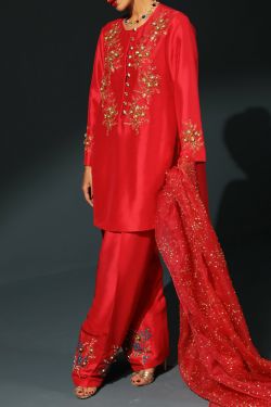 Tango Red Embellished Raw Silk Set