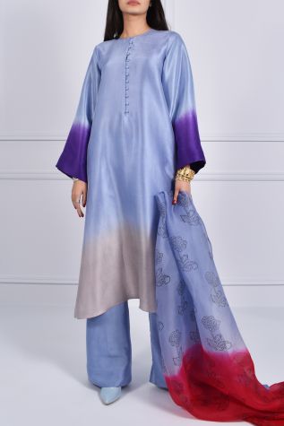 Forever Blue Oversized Ombre Raw Silk Tunic Set