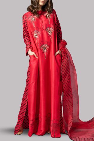 Tango Red Block Printed Embellished Raw Silk Maxi Dress Set