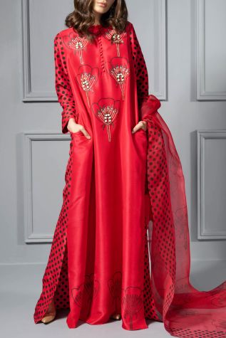 Tango Red Block Printed Embellished Raw Silk Maxi Dress Set