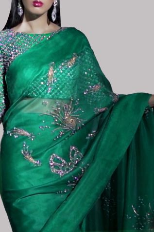 Emerald Green Embellished Organza Sari