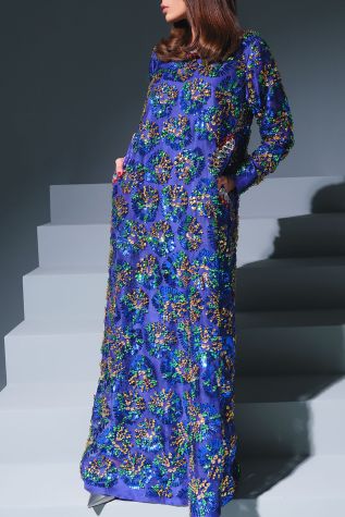 Dazzling Blue Crystal Embellished Organza Maxi Dress