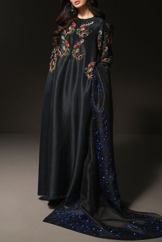 Black Crystal and Sequin Embellished Silk Maxi Dress