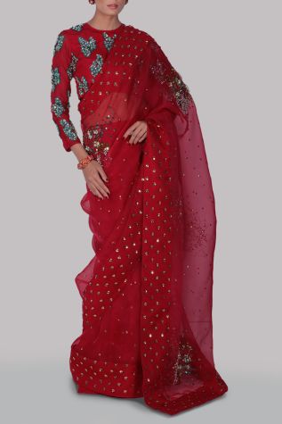 Tango Red Embellished Organza Sari