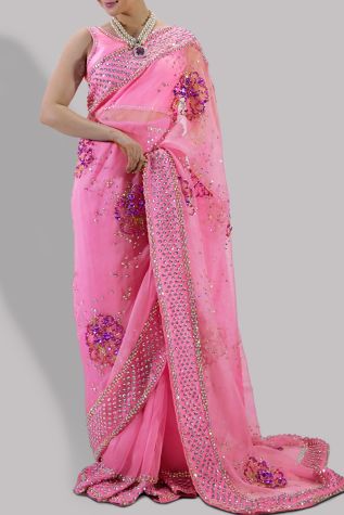 Sachet Pink Embellished Organza Sari