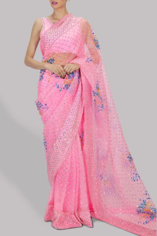 Candy Pink Embellished Organza Sari
