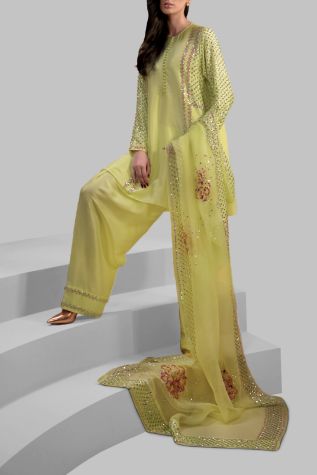 Verbena Yellow Embellished Raw Silk Set