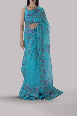 Scuba Blue Embellished Organza Sari
