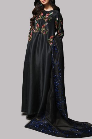 Black Crystal and Sequin Embellished Silk Maxi Dress