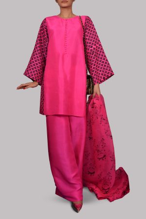 Diva Pink Block Print Raw Silk Set