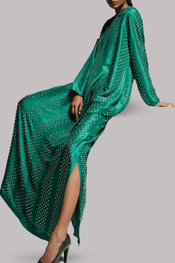 Emerald Green Crystal Embellished Silk Maxi Dress - Image 3