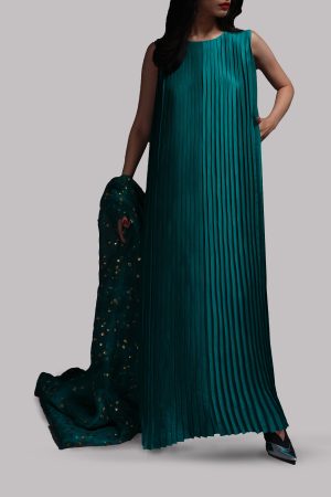 Shady Glade Pleated Raw Silk Maxi with Embellished Dupatta
