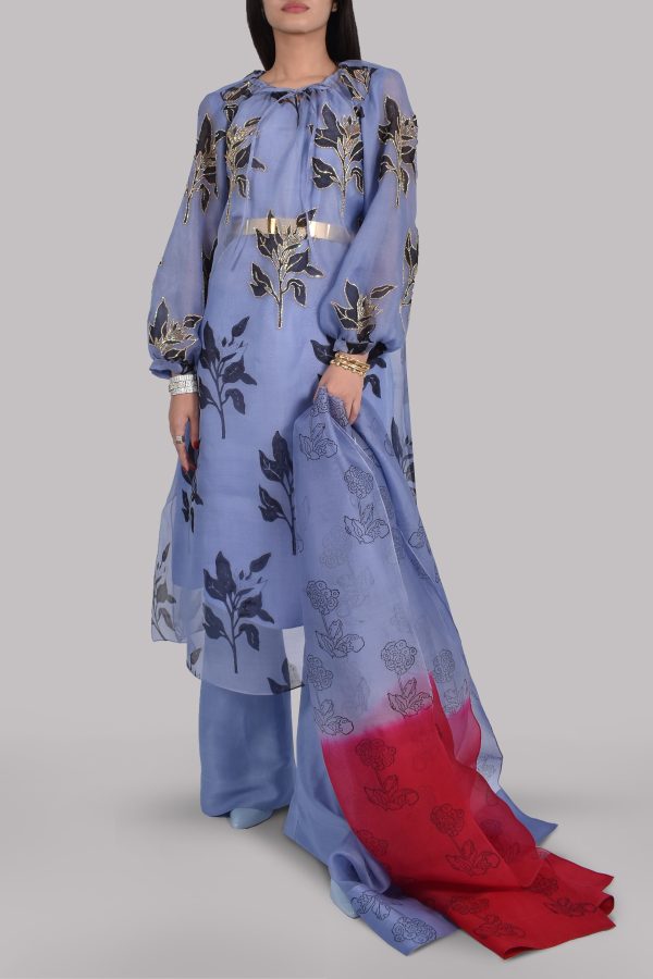 Forever Blue Organza Block Printed Embellished Tunic Set