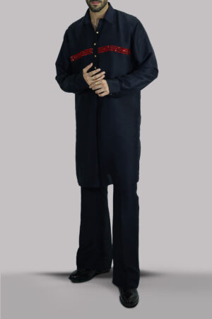 Black Embellished Raw Silk Set