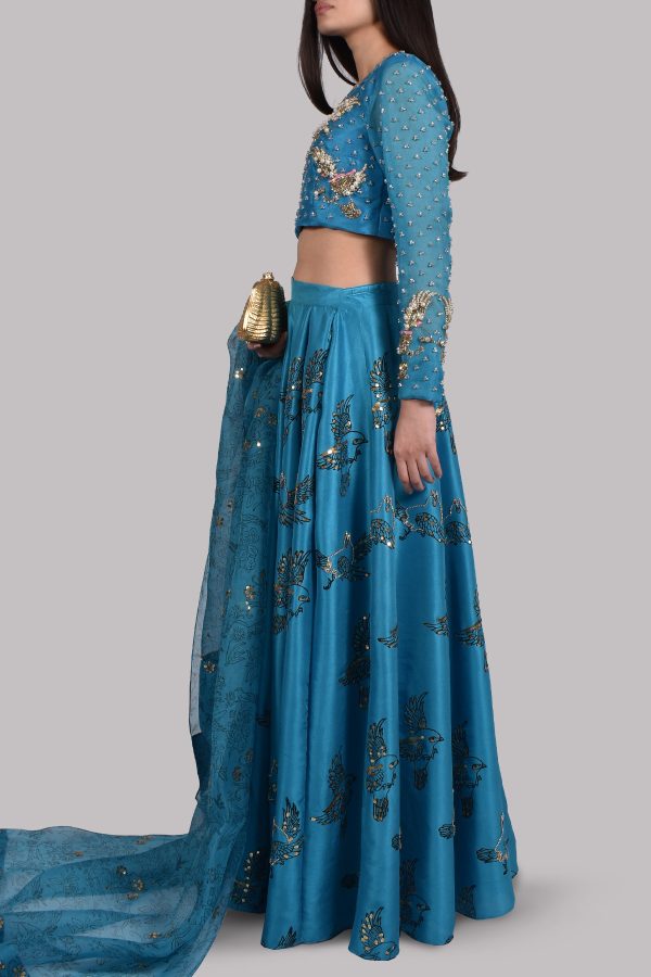 Algiers Blue Embellished Blouse Skirt Dupatta Set - Image 2