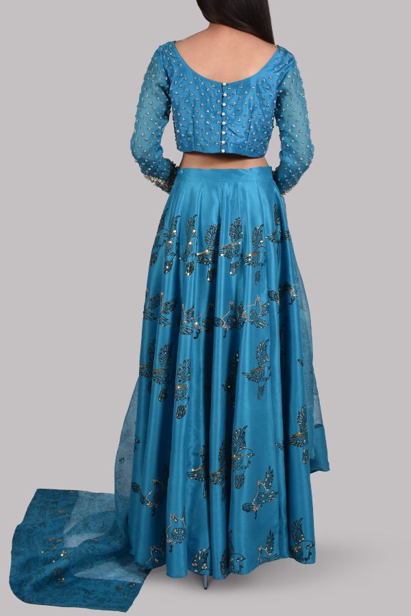 Algiers Blue Embellished Blouse Skirt Dupatta Set - Image 3