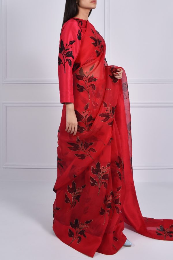 Tango Red Block Printed Organza Sari - Image 5