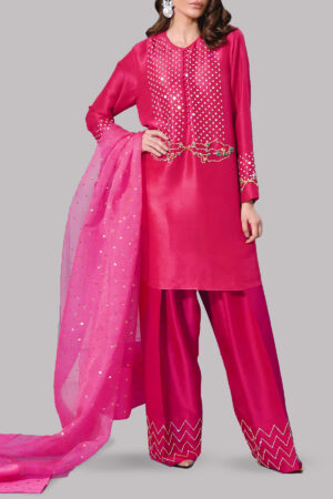 Bright Rose Embellished Raw Silk Tunic Set