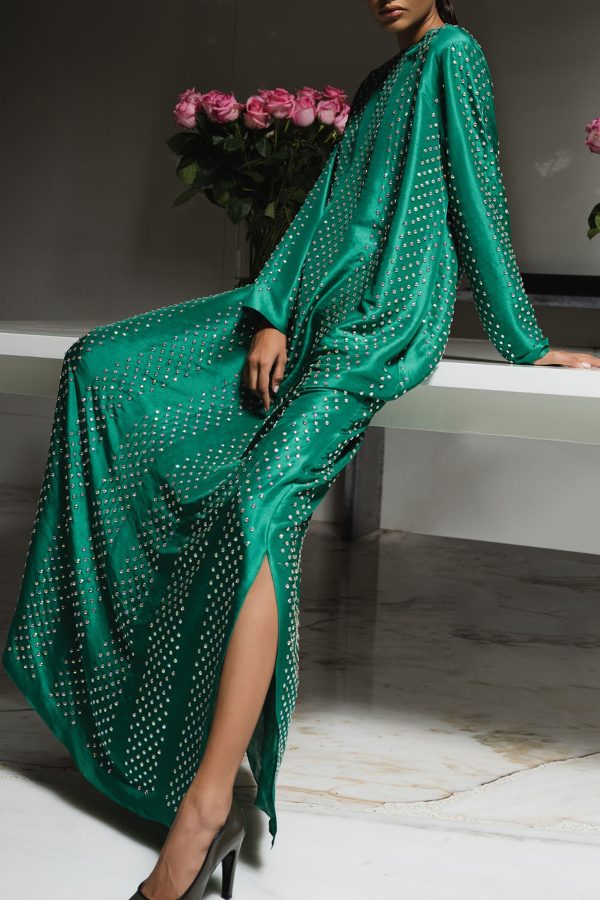 Emerald Green Crystal Embellished Silk Maxi Dress