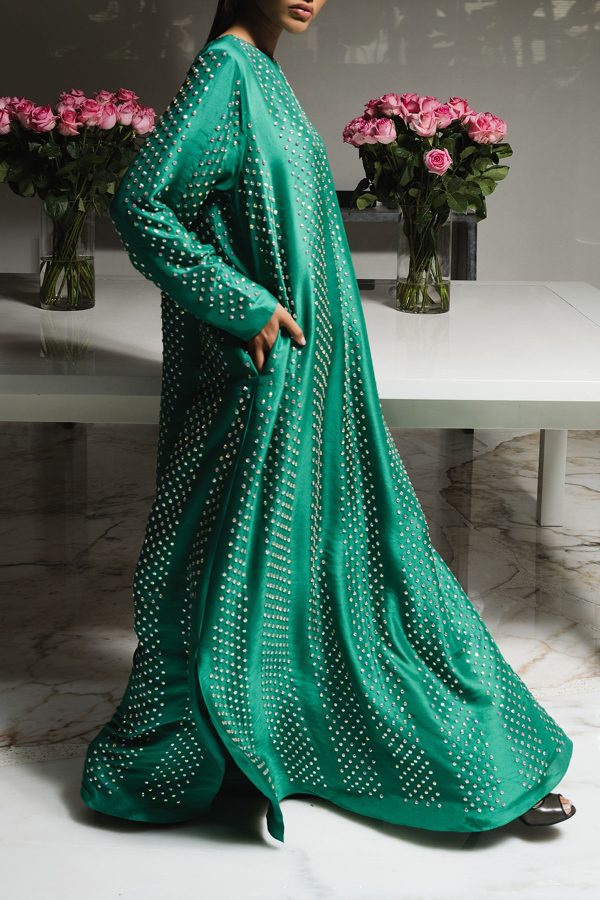 Emerald Green Crystal Embellished Silk Maxi Dress - Image 2