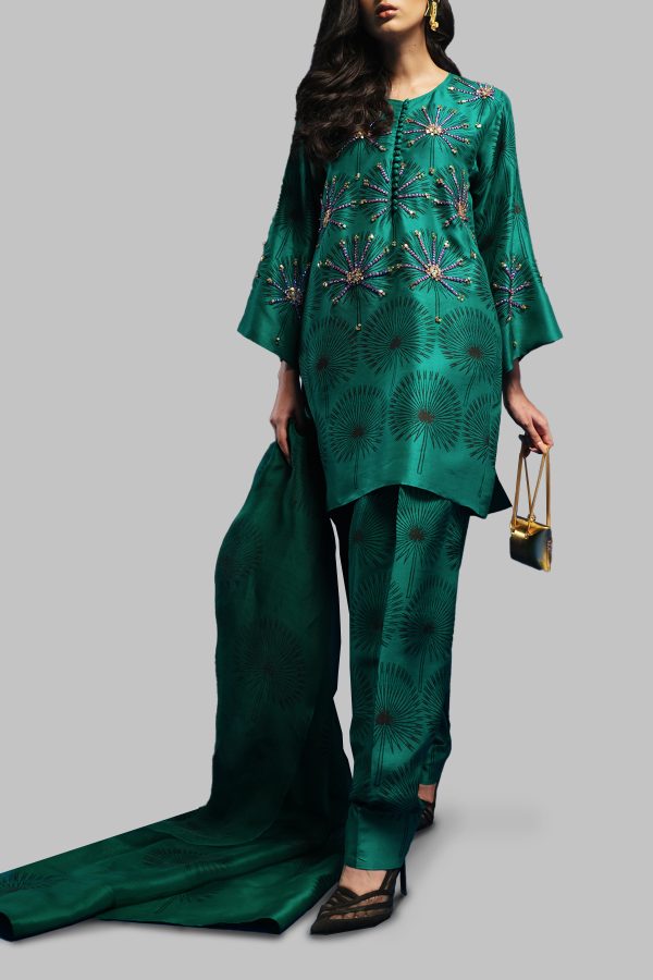 Cadmium Green Embellished Raw Silk Set - Image 2