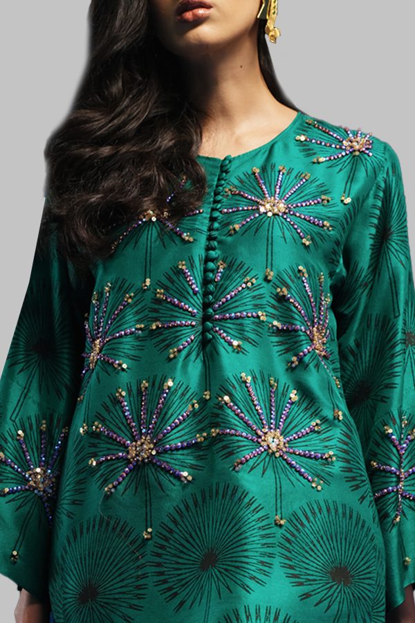 Cadmium Green Embellished Raw Silk Set - Image 3