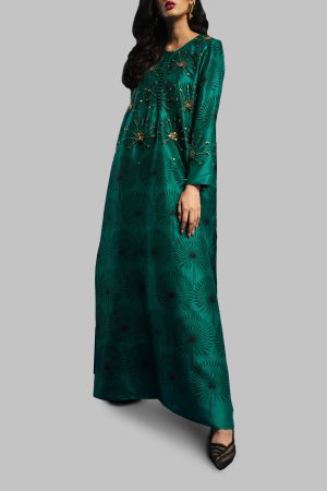 Cadmium Green Block Printed Silk Maxi