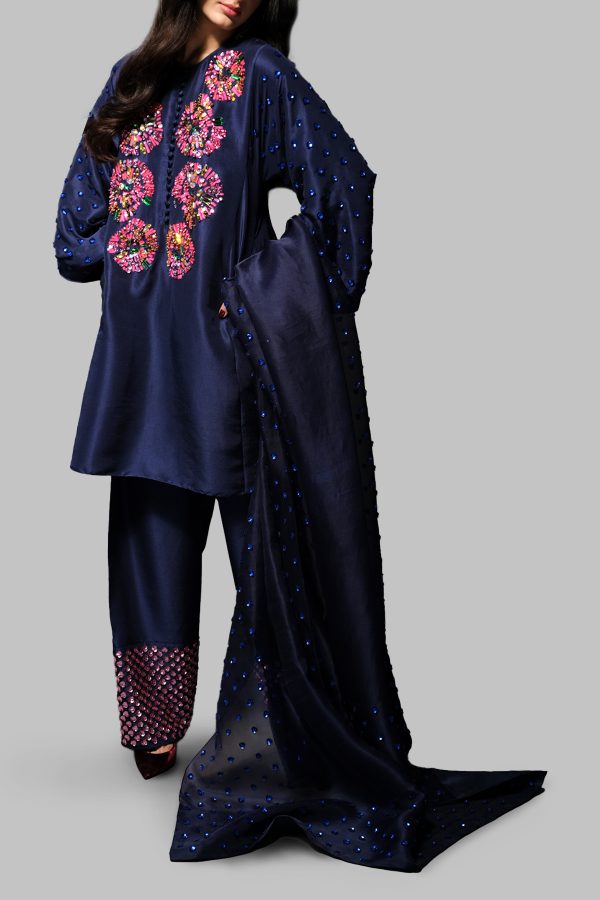 Black Iris Embellished Raw Silk Set - Image 2