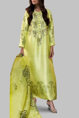 Aurora Yellow Block Printed Embellished Maxi Dress Set