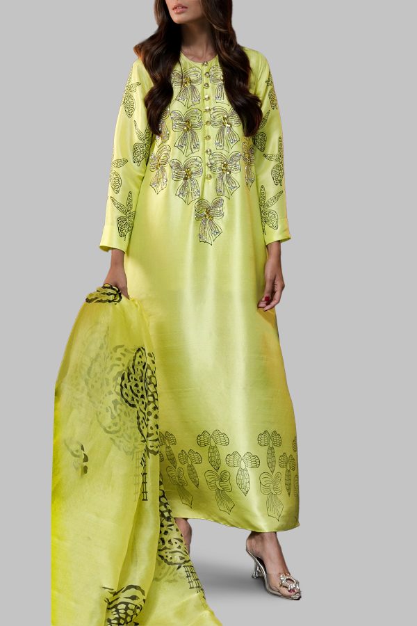 Aurora Yellow Block Printed Embellished Maxi Dress Set