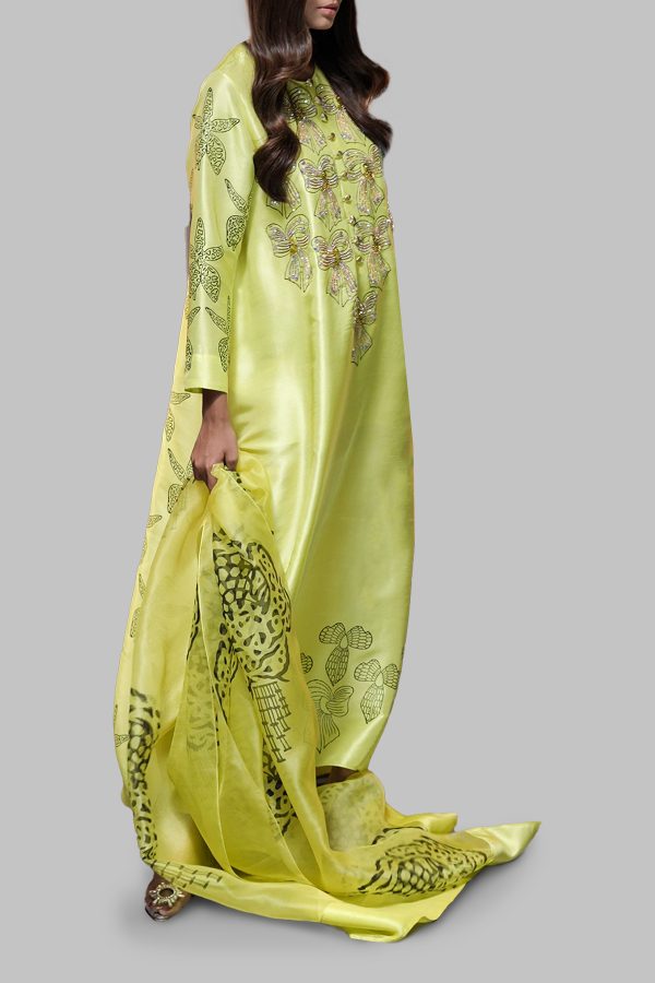 Aurora Yellow Block Printed Embellished Maxi Dress Set - Image 2